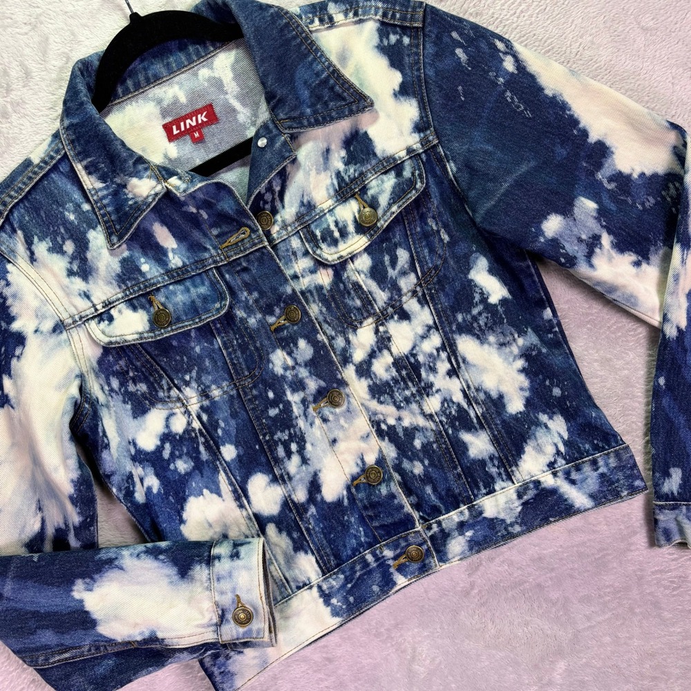 LINK Women Denim Jacket Size M Blue White Acid Wash Cropped Trucker Coat